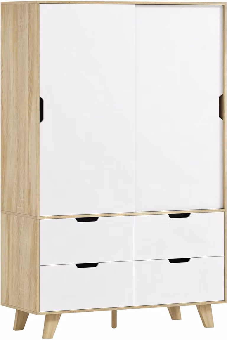 ECTEATOY Kledingkast met schuifdeuren, kledingroede, verstelbare planken en 4 lades, houtlook, B/D/H: 120 x 50 x 187,5 cm