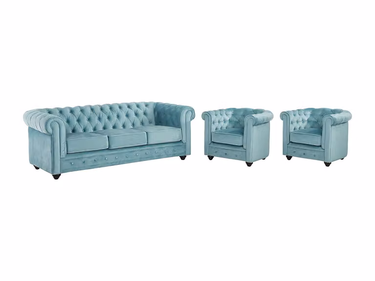 Vente-unique Chesterfield set met driezitsbank en 2 fauteuils in blauw velours