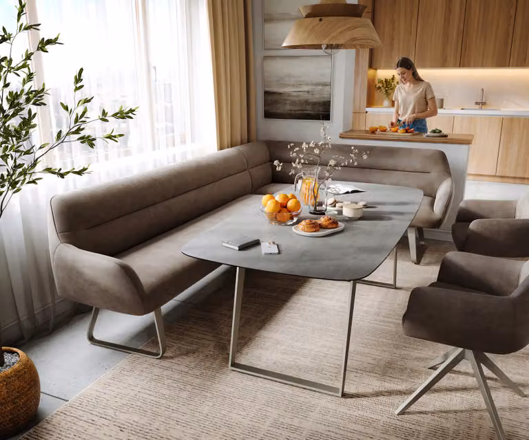 DELIFE Eetkamerbank Taya-Flex L-vormig, Beige Microvezel, B/D/H: 282 x 105,6 x 87 cm