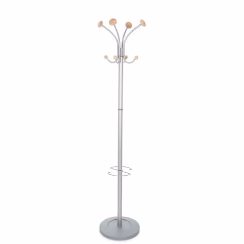hjh OFFICE Space 830028 kapstok met 8 haken en paraplustandaard, zilver, Hoogte: 173 cm