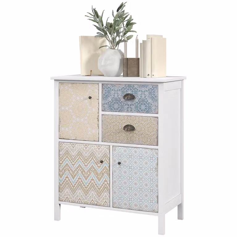 HOMCOM Vintage Kommode met 2 lades en 3 kastdeurtjes, wit, B/D/H: 80 x 34 x 68 cm