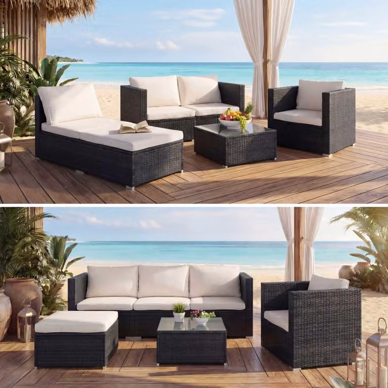Mendler Brescia Polyrotan Lounge Set Zwart met Crème Kussens