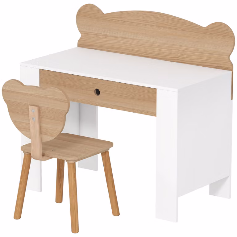 AIYAPLAY Kinderwerktafel met Stoel en Berenrugleuning, Lade, Natuur Hout