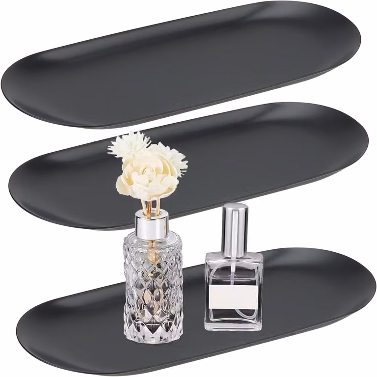 Set van 3 zwarte ovale dienbladen van RVS voor sieraden en decoratieve opslag