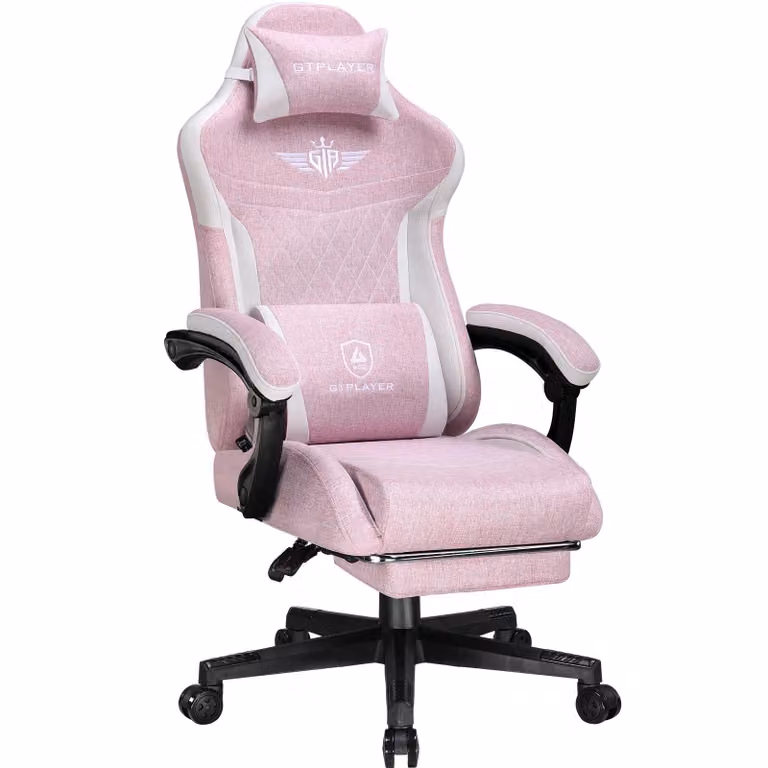 GTPLAYER Gaming Stoel, ergonomische linnen computerstoel met lendensteun en brede rugleuning, roze