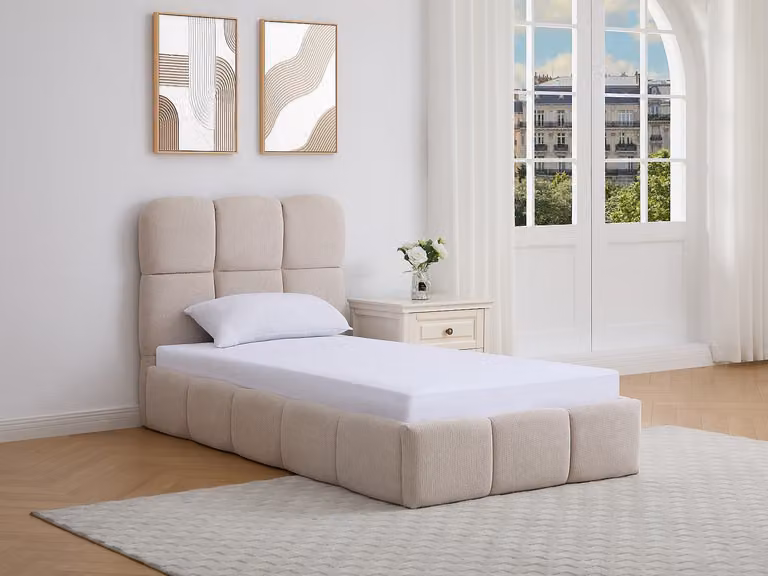 DILUDO Bed met opbergruimte en gestructureerde stof - Beige - 90 x 190 cm