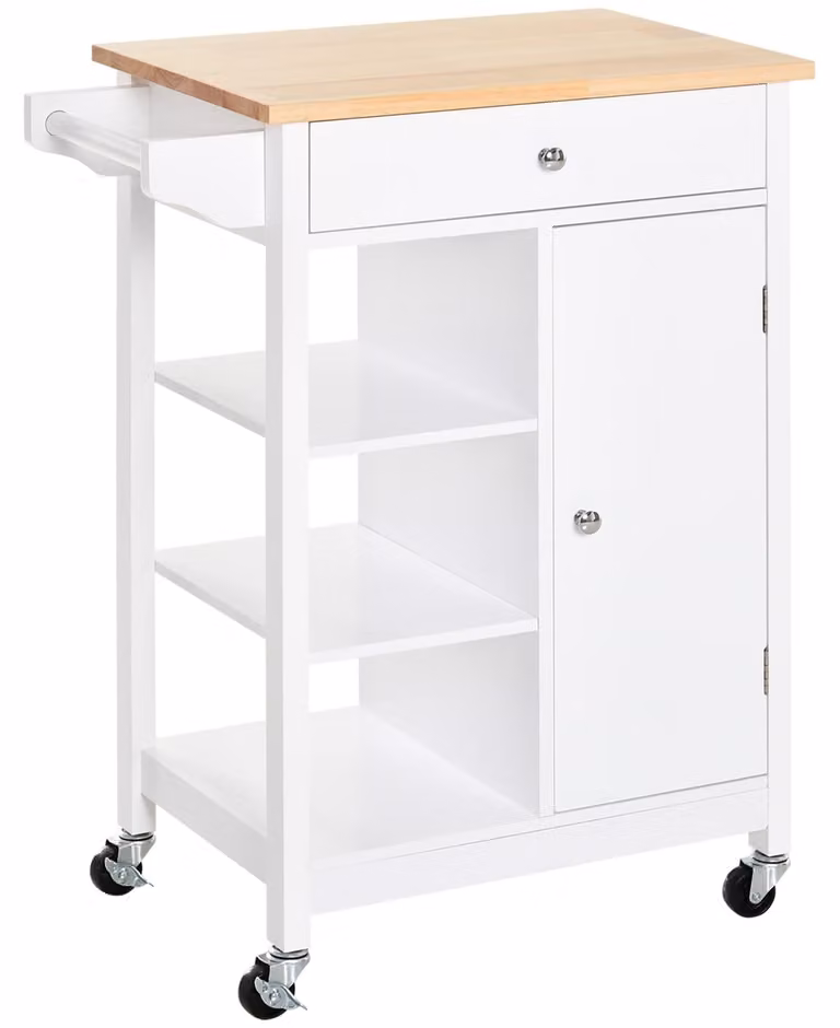HOMCOM Keukenwagen met kast, lade en handdoekhouder, wit, B: 66 cm, D: 39,5 cm, H: 86,5 cm