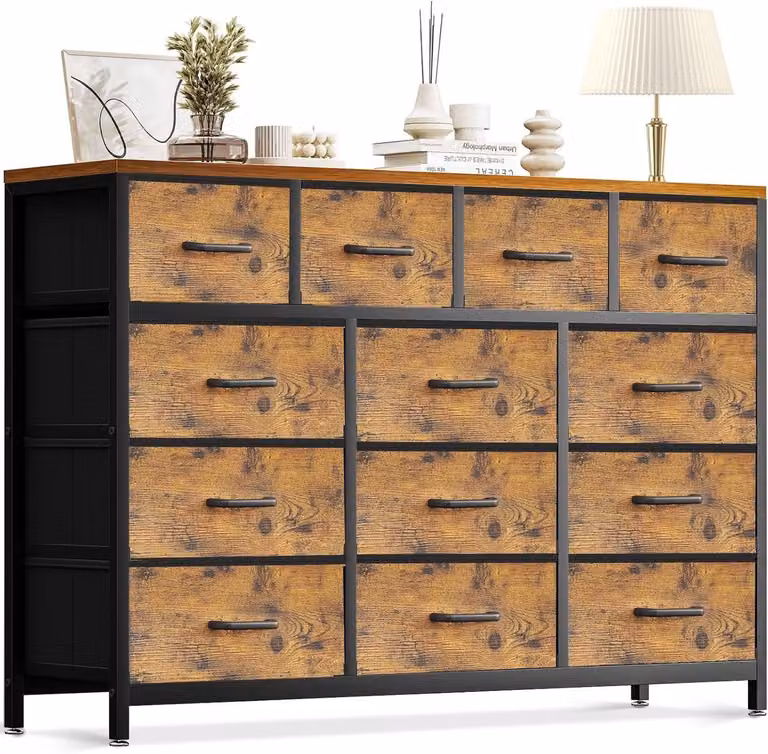 Vintage Commode met 13 Stoffen Laden en Stalen Frame voor Slaapkamer of Woonkamer
