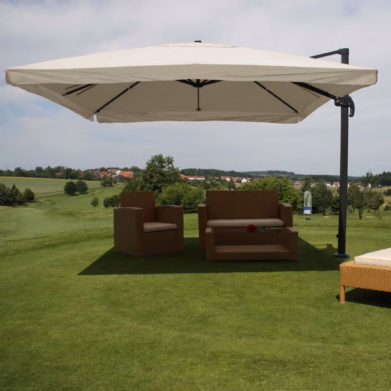 Mendler Gastronomie-scherm met pergola model HWC-A96, draaibaar zonnescherm, crème-grijs, 3x4 meter (diameter 5 meter)