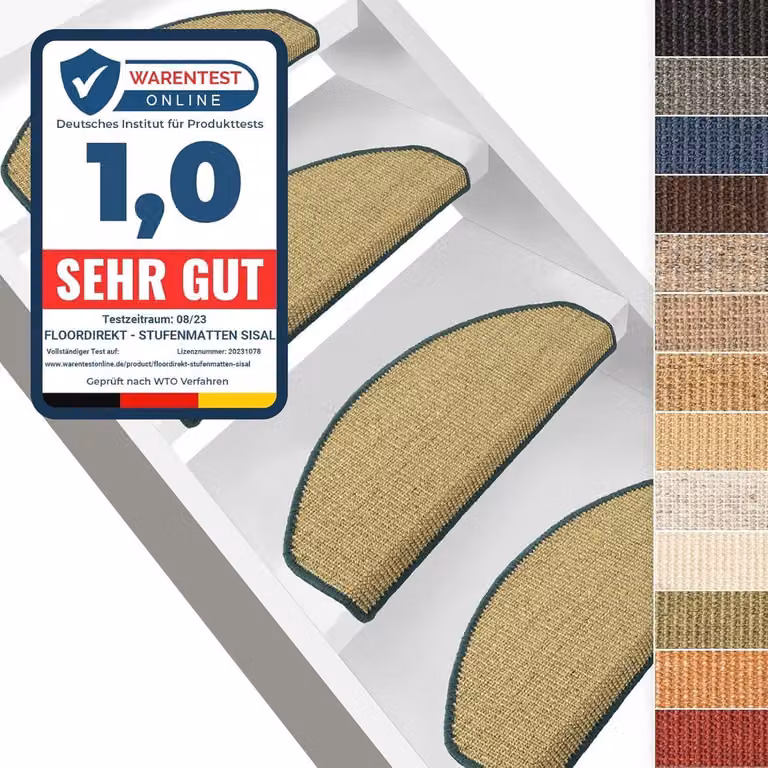Set van 15 beige sisal trapmatten met antislip en plakstrip, 64 x 23,5 cm