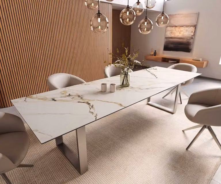DELIFE Eetkamertafel Edge uitbreidbaar met keramisch blad in Calacatta wit-goud-grijs en RVS onderstel, B/D/H: 300 x 100 x 77 cm