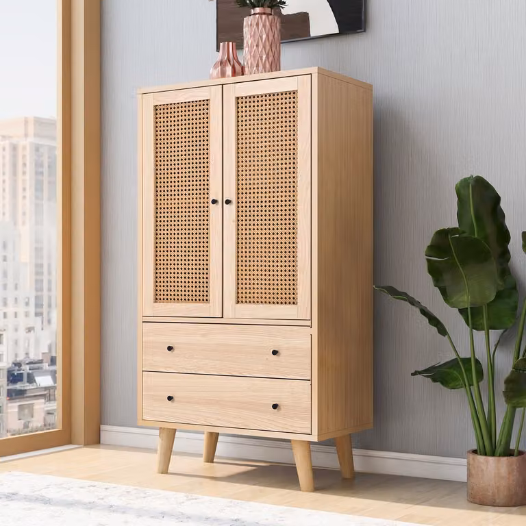 Modern Dressoir Sideboard met 2 Deuren en 2 Laden met Rieten Deuren in Eiken Kleur, Breedte: 60 cm