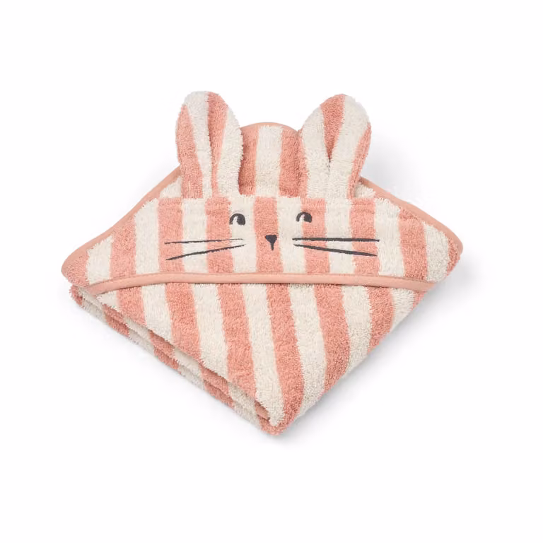 Liewood Albert handdoek met capuchon Coral blush-creme de la creme streep 70 x 70 cm