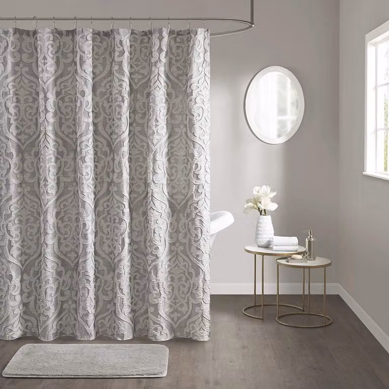 Luxe getextureerd jacquard damast medaillon douchegordijn in zilver - Polyester - B/D/H: 182,88 x 182,88 x 182,88 cm
