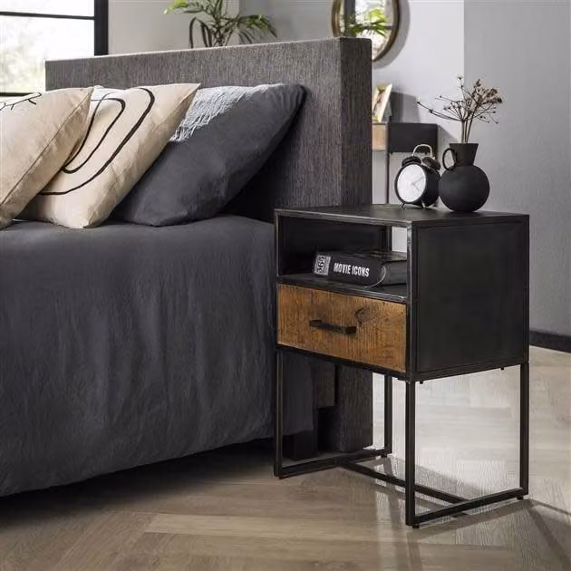 WoonStijl Nachtkastje Blend met 1 lade - Industrieel Design - Grijs, Bruin, Zwart
