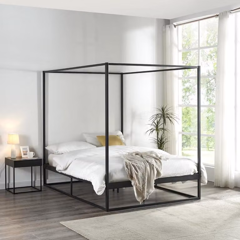 Robuust metalen hemelbed frame met bodem in zwart, B/D/H: 140 x 200 cm