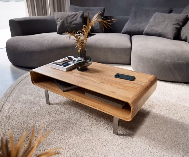 DELIFE Salontafel Anaya, modern rechthoekig acaciahout met roestvrij stalen L-poot, Bruin/Zilver, B: 100 cm, D: 50 cm, H: 35 cm