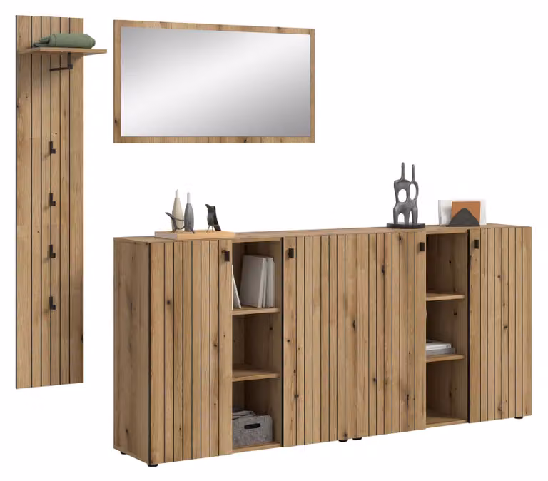 home24 Halmeubelset Station 4-delig in eikenhout met spiegel en schoenenkast, Bruin/Zwart, B: 258 cm, H: 192 cm, D: 37 cm