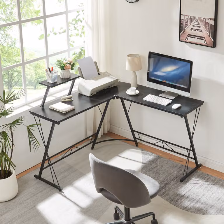 en.casa Bureau Yremso L-vormig met verhoogd opbergvlak, zwart, B/D/H: 122 x 122 x 98 cm