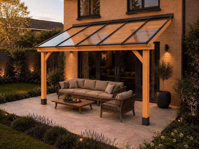 Luxe Douglas houten veranda type Bergen met gelaagd veiligheidsglas, 5 x 3 m