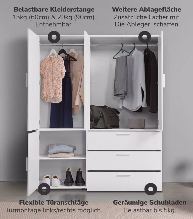 Mokebo Kledingkast Der Grenzenlose, Zwart, Hout, 4 Deuren en 3 Lades, B: 150 cm, H: 187 cm