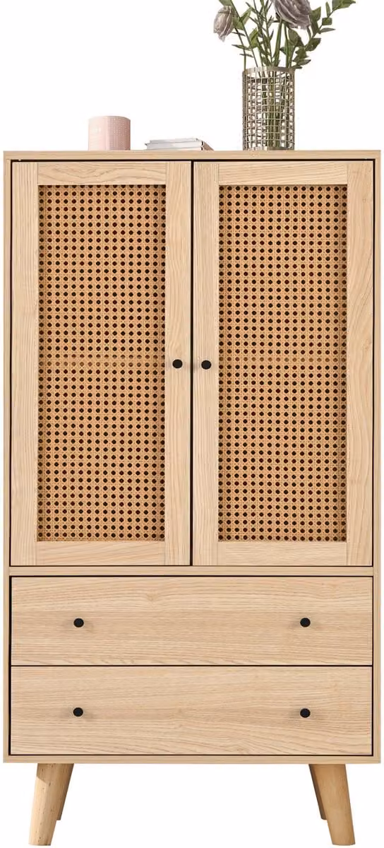 Modern houten dressoir met rotan deuren in eiken - B/D/H: 60 x 40 x 120 cm