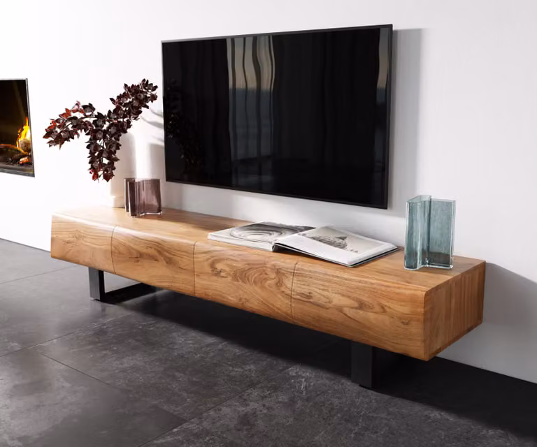 DELIFE TV-meubel New Live-Edge acacia natuur met 4 deuren en zwarte metalen sledepoten B: 175 cm, D: 40 cm, H: 37 cm