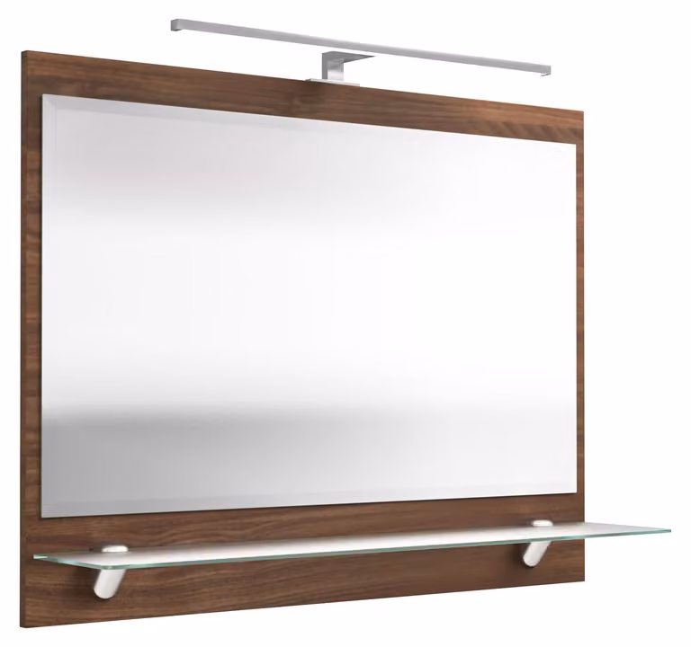 Posseik Spiegel met bijbehorende plank in imitatie walnoot en wit glas