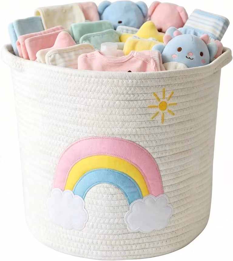 Vemera Opbergmand voor speelgoed met handvatten, geweven katoenen touw, regenboogpatroon, 30 x 30 cm