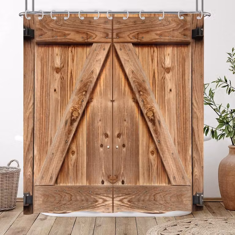 SnelShoppen Rustiek Douchegordijn met Houten Garage Deur Design, Bruin, Waterproof Polyester, B: 120 cm, H: 200 cm