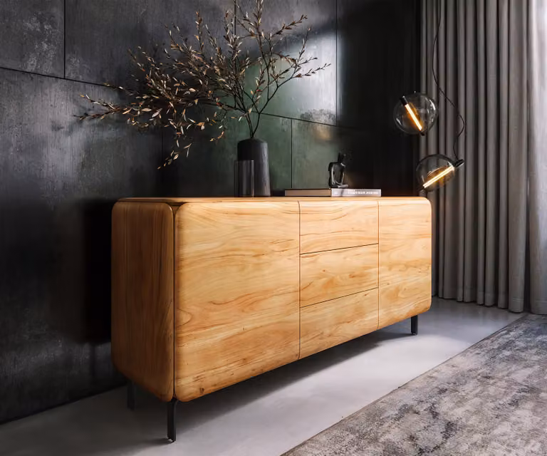 DELIFE Dressoir Shavani van acacia hout en metaal, Bruin/Zwart, Breedte: 175 cm