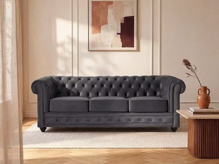 Vente-unique Driezitsbank Chesterfield in antraciet velours