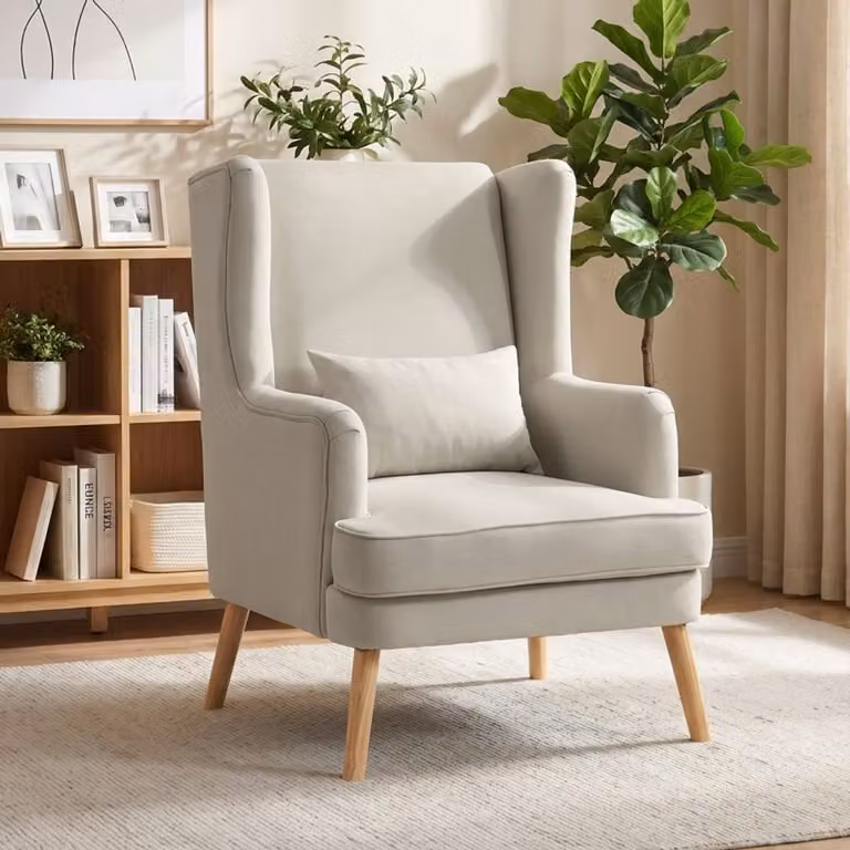 DESMIU Fauteuil met hoge rugleuning en lendenkussen, beige, stoffen bekleding en houten poten, B/D/H: 77 x 77 x 110 cm