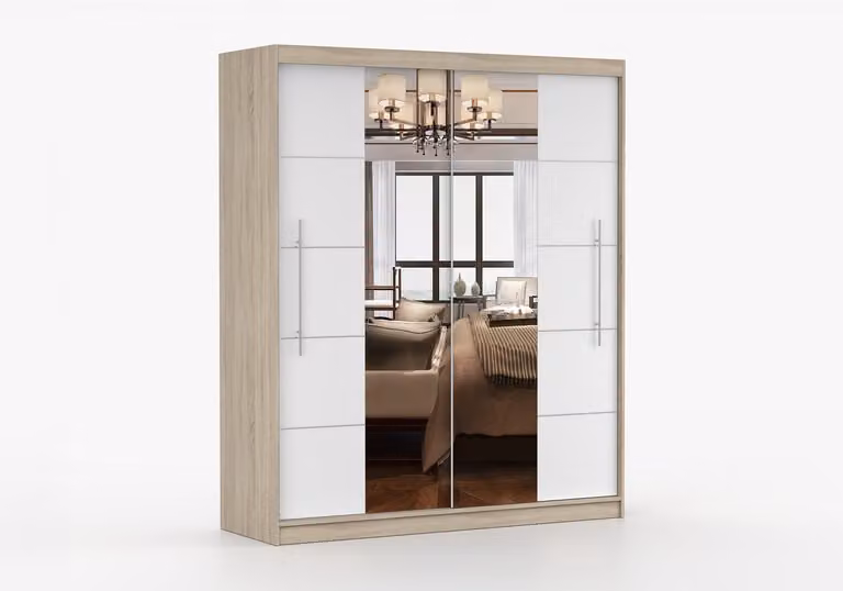 Kledingkast NICO III 203 cm - 2-deurs schuifdeurkast met spiegel en decoratieve lijsten - Sonoma en Wit