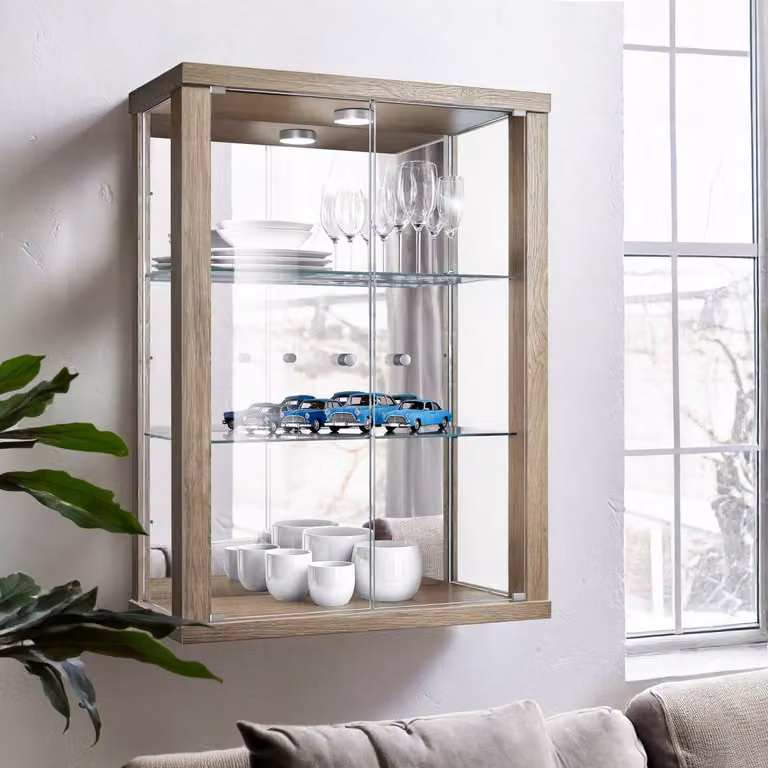 K-Möbel Hangende Vitrinekast met 2 Deuren, Spiegel en LED-verlichting, Zwart, B: 80 cm, H: 60 cm, D: 25 cm
