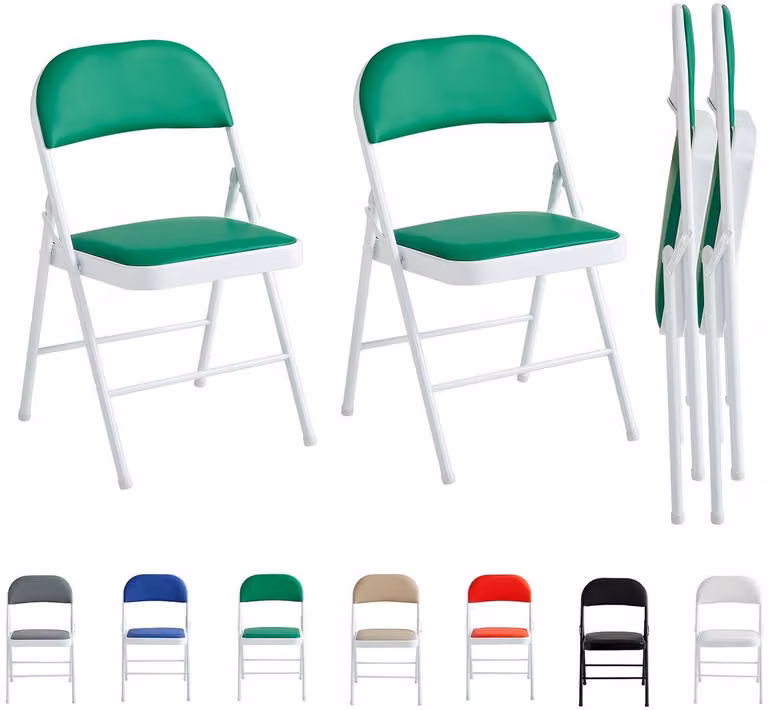 Set van 2 Groene Opvouwbare Klapstoelen met Kunstleren Zitting en Metalen Frame
