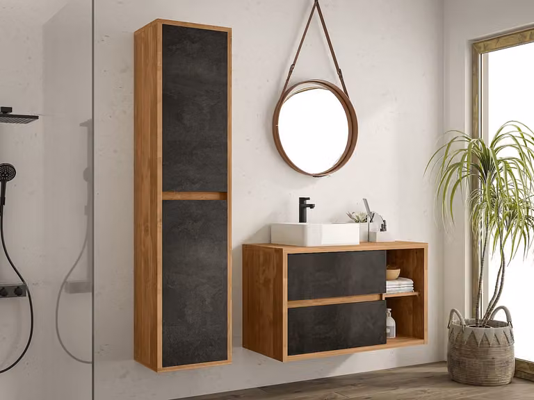 TIKITKI Zwevende badkamerkolom in licht naturel en antraciet met soft-close deuren, Hoogte: 170 cm
