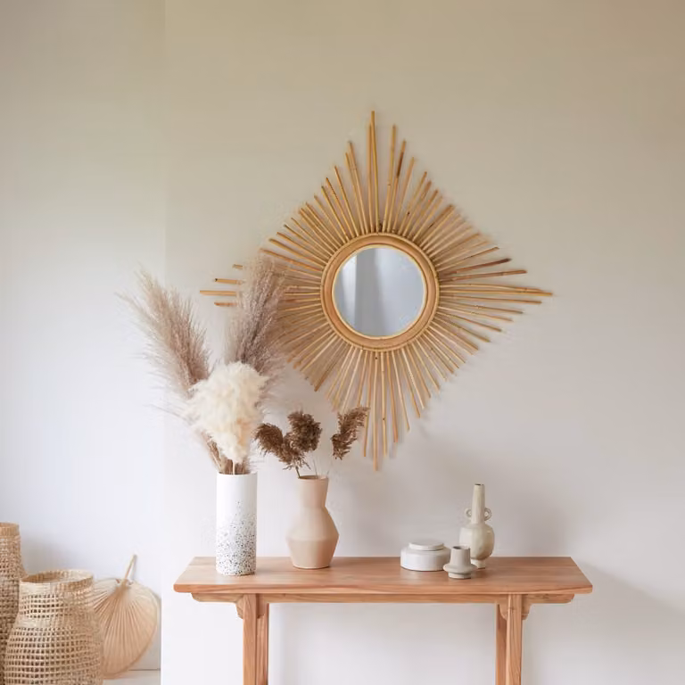 Tikamoon Ronde Spiegel van Natuurlijk Rattan - Beige/Bruin - Diameter: 80 cm