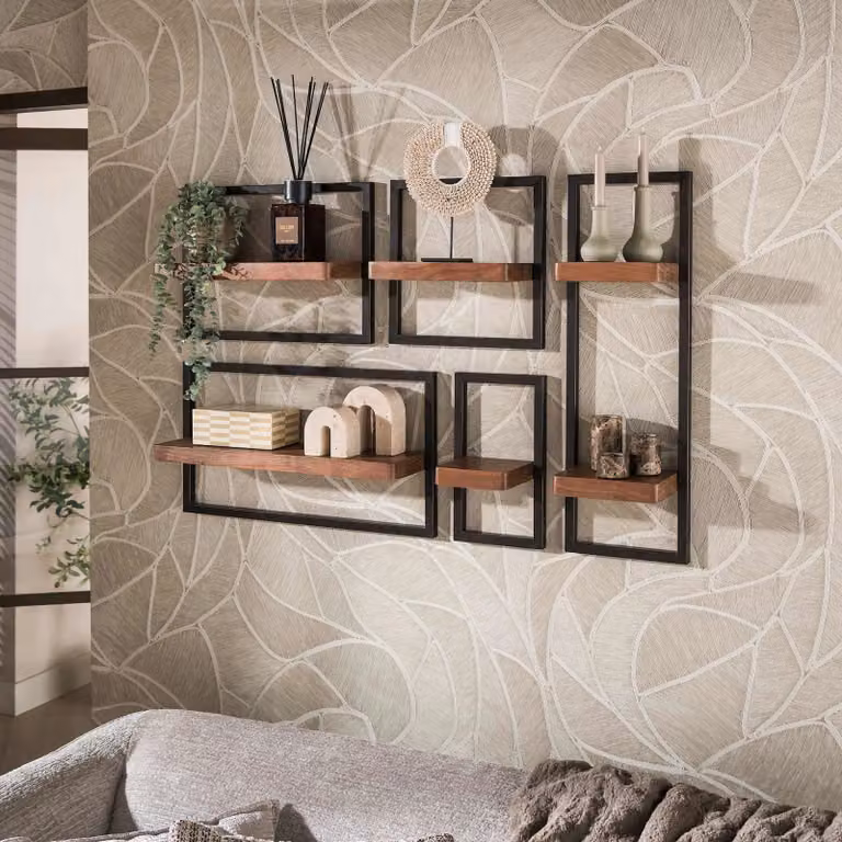WoonStijl Wandschap Carve set van 5 - Acaciahout en Metaal - Bruin/Brons/Zwart - B: 120 cm, H: 75 cm, D: 5 cm