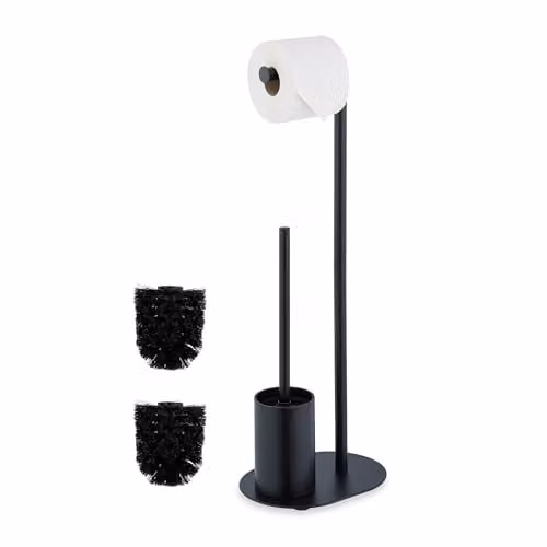 Relaxdays Toiletbutler van metaal met toiletborstel en toiletrolhouder, zwart of zilver, H x B x D: 63 x 23 x 17 cm