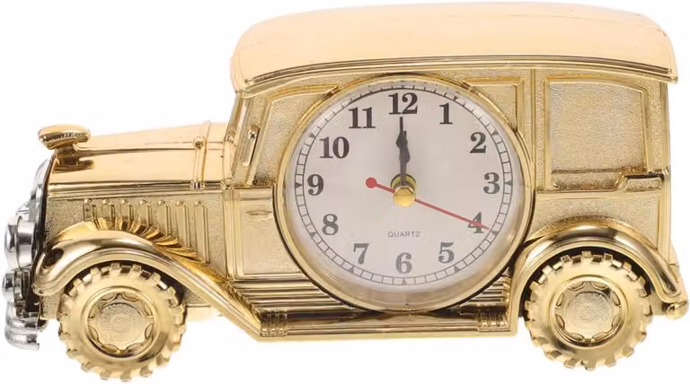 Stille analoge retro autowekker in goud van metaal voor op je nachtkastje of bureau