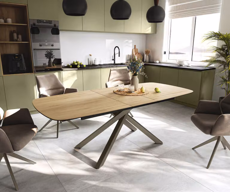 DELIFE Eettafel Edge Boot Sabbia Eichefarig Keramiek Laminam met Kruisonderstel, Uitschuifbaar, B/D/H: 180-220 x 100 x 75 cm