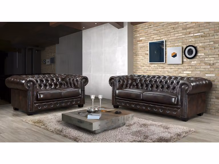 Chesterfield BRENTON bank in bruin en rood met 100% buffelleer en houten frame