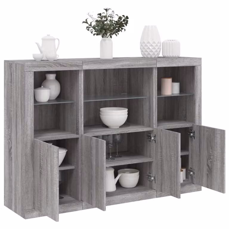 vidaXL Set van 3 Moderne Dressoirs met LED-verlichting, Grijs Sonoma, Houtfineer