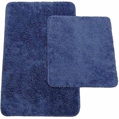 Brandsseller Badmatten set van 2 blauw, hoogpolig polyester met antislip, Badmat 50 x 80 cm en WC-mat 45 x 50 cm