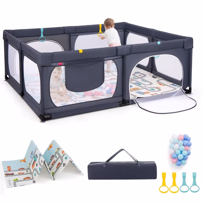 Costway Babybox Donkergrijs met Matras, 50 Speelballen, 4 Trekringen en 4 Ritsdeuren, B: 189 cm, D: 158 cm