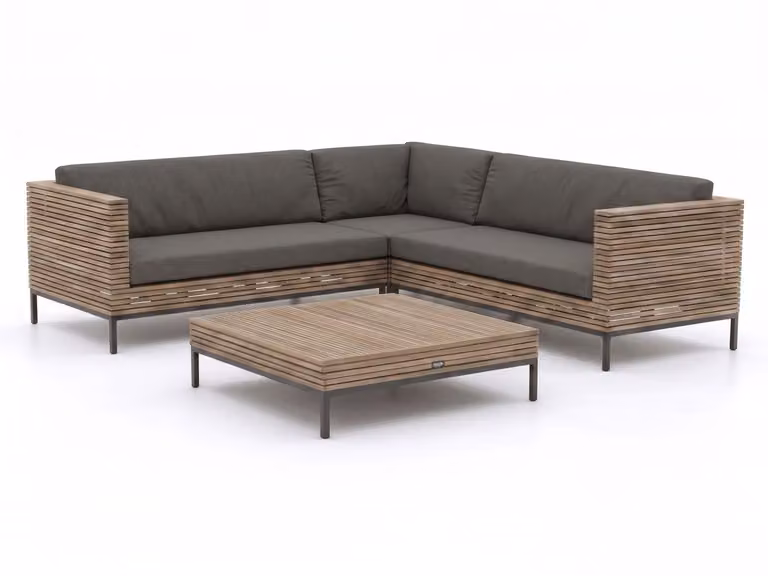 ROUGH Hoek loungeset voor 5 personen in Old Teak Greywash met gepoedercoat aluminium en stoffen kussens