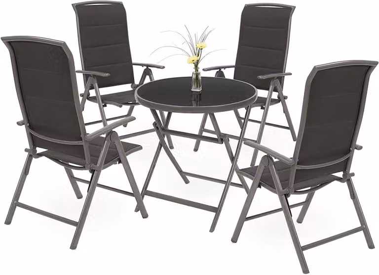 Brubaker Tuinset Milano Zilvergrijs - Klapbare Ronde Glazen Salontafel met 4 Stoelen met Hoge Rugleuning - Aluminium