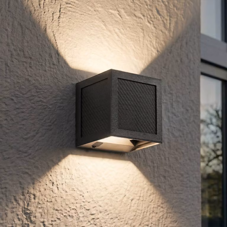 PRIOS Avvin LED-zonne-wandlamp zwart, modern kubusvormig ontwerp met bewegingssensor, IP65 voor tuin en pad