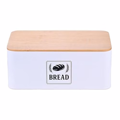 Relaxdays brooddoos voor op het aanrecht, metaal en bamboe, wit